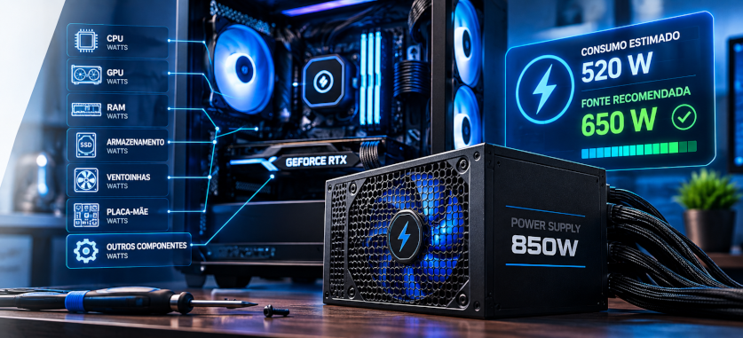 Computador Gamer com iluminação e componentes internos